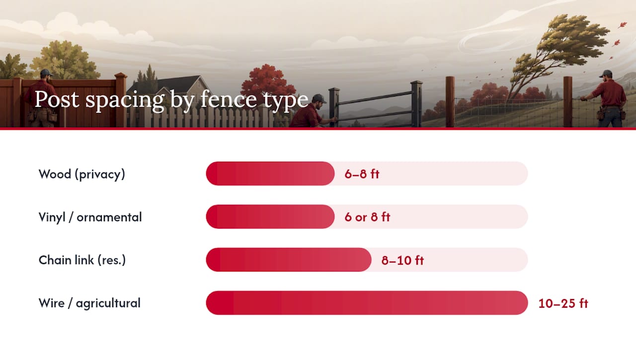 Fence post spacing ranges by fence type