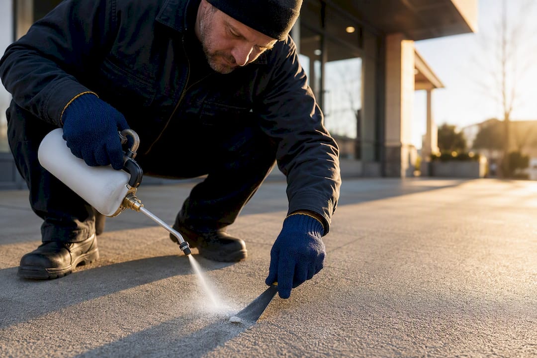 Technician freezing gum on concrete sidewalk