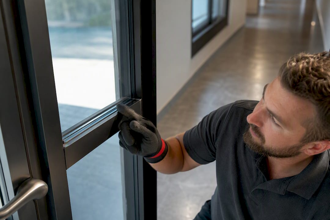 Installer checking glass door frame integrity