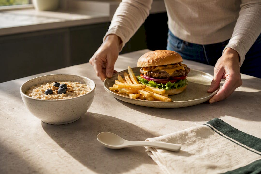 Oatmeal and burger meal comparison