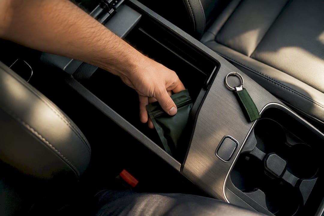Sealed cannabis package stored inside car