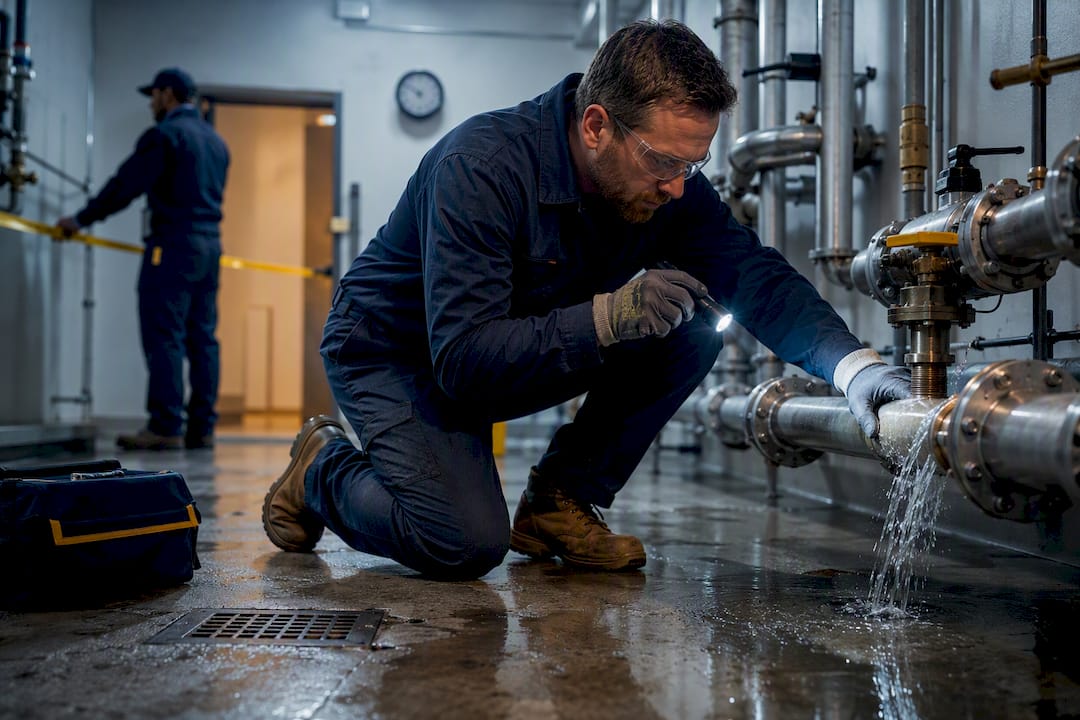 Technician responding to commercial facility water leak