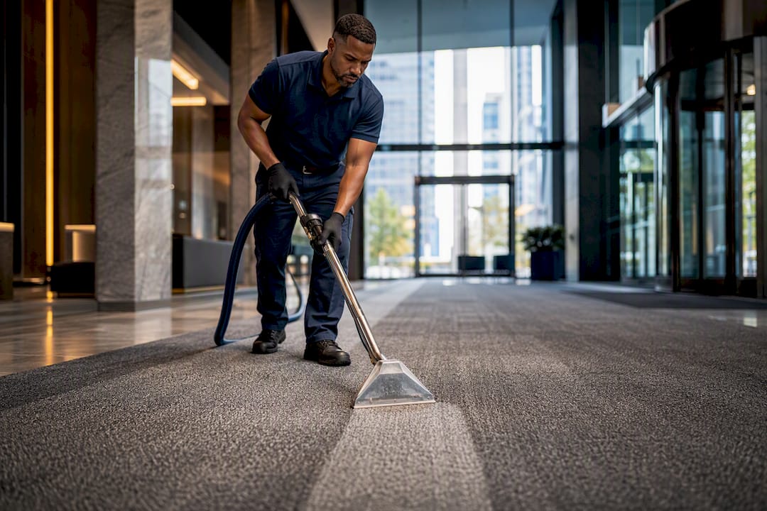 Technician extracting carpet in commercial atrium
