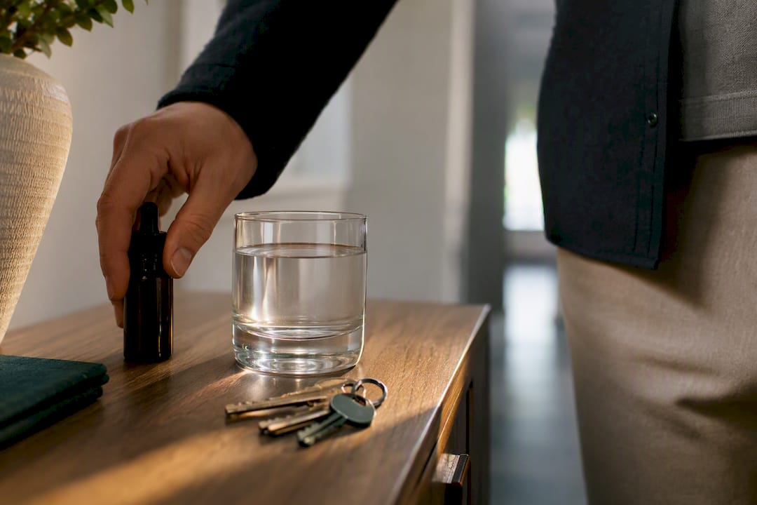 Anonymous CBD tincture beside water and keys