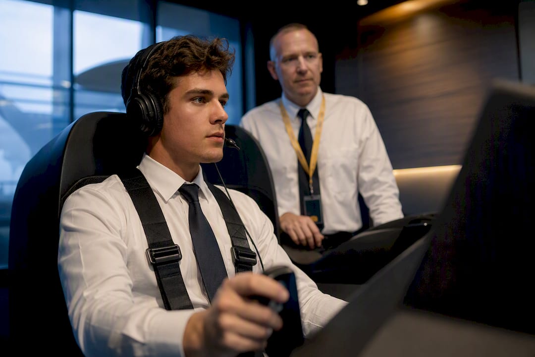 Trainee beginning a flight simulator lesson