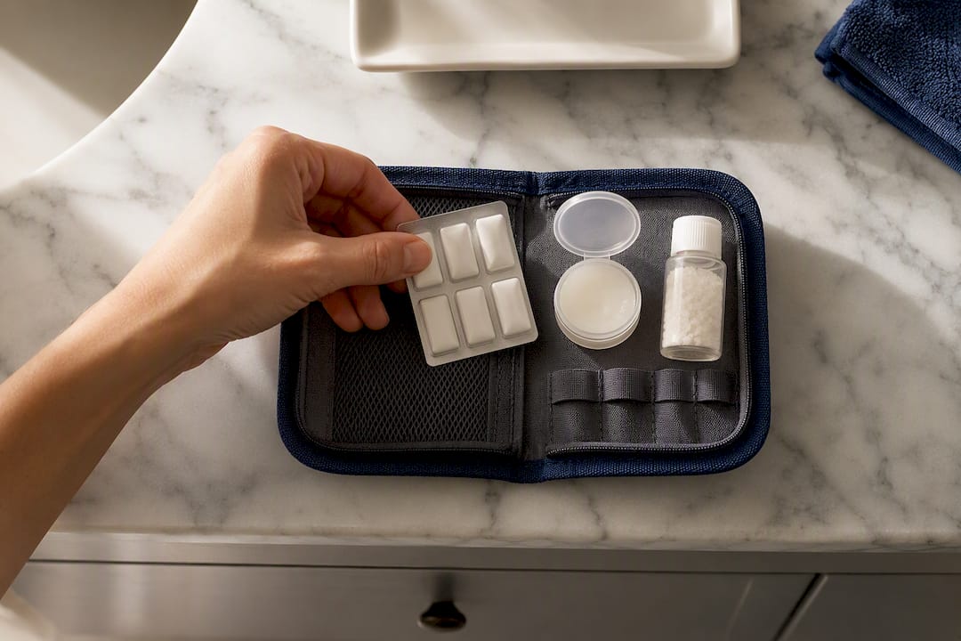 Dental first aid supplies arranged at home