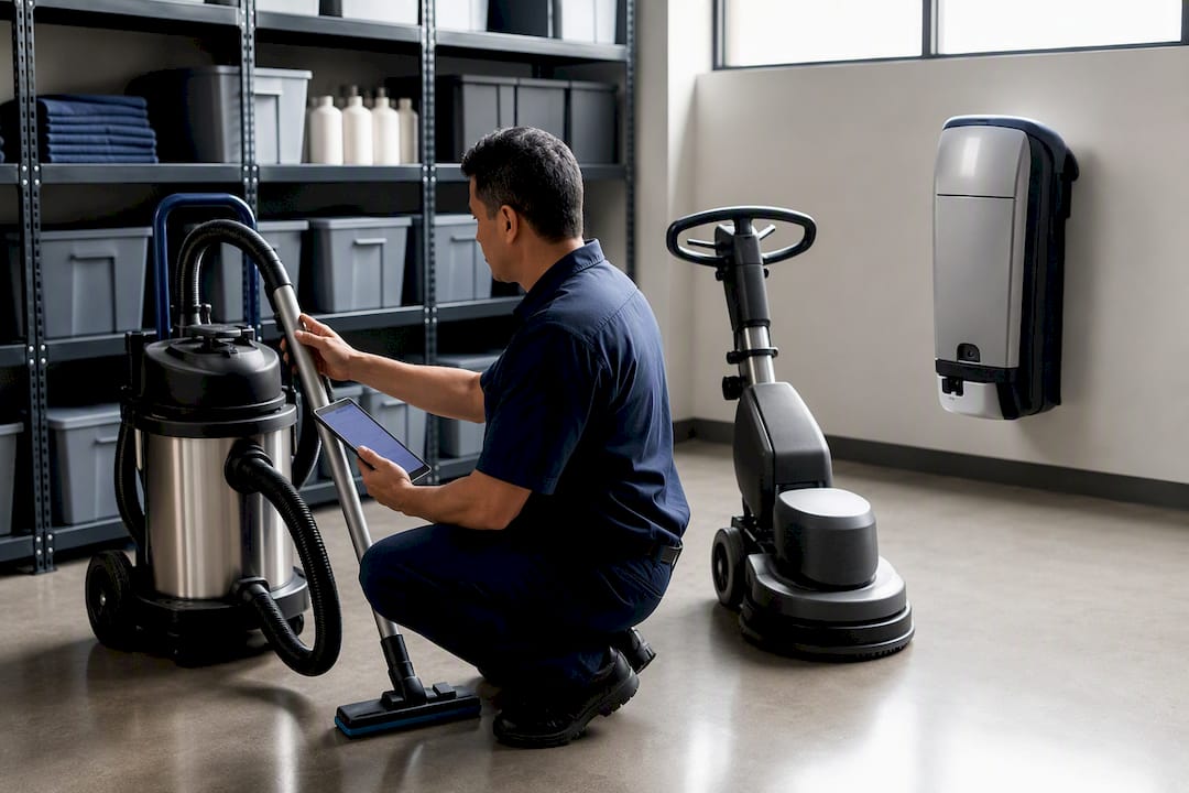 Commercial cleaning equipment being inventoried