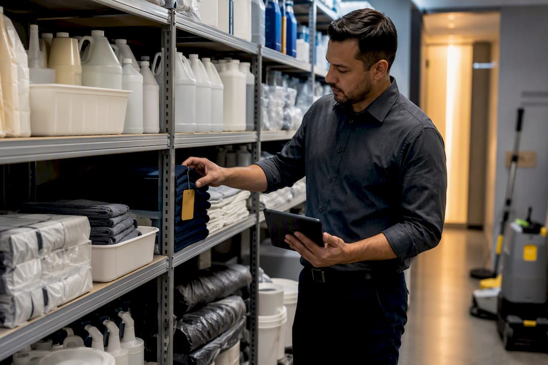 Facility manager inspecting organized cleaning supplies