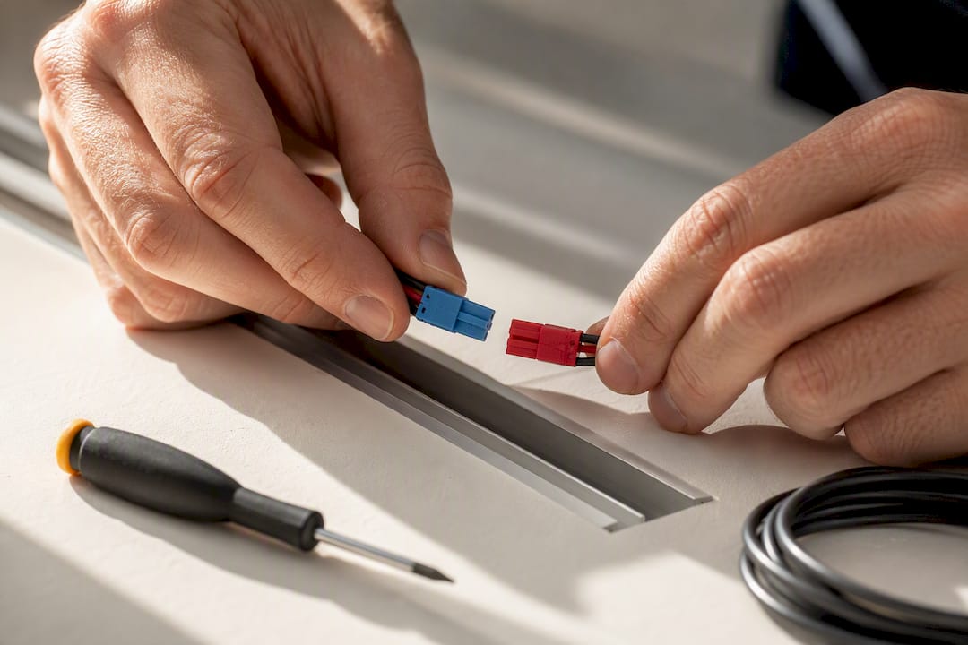 Hands joining color-coded lighting connectors