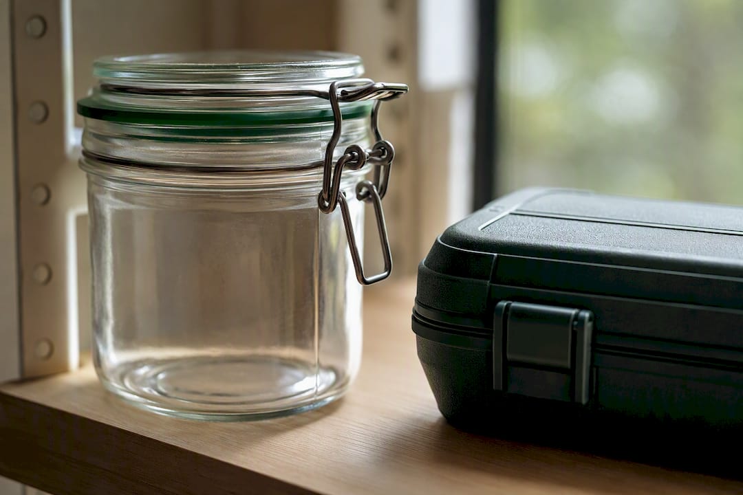 Reusable glass jar and storage case details