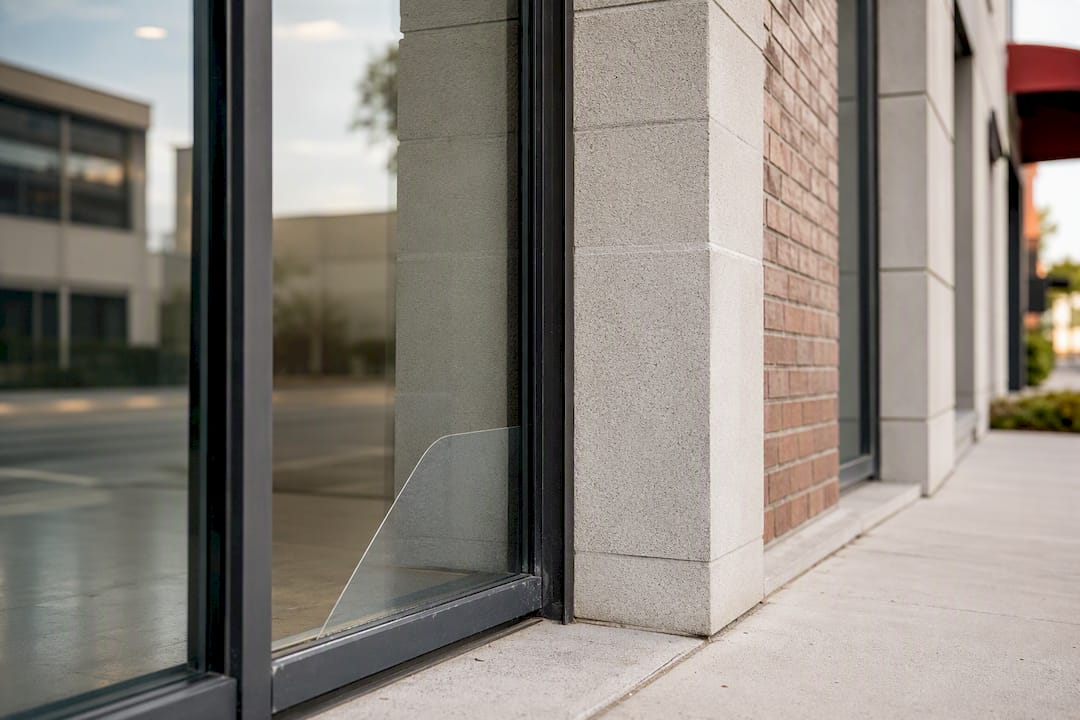 Transparent storefront glass beside textured masonry