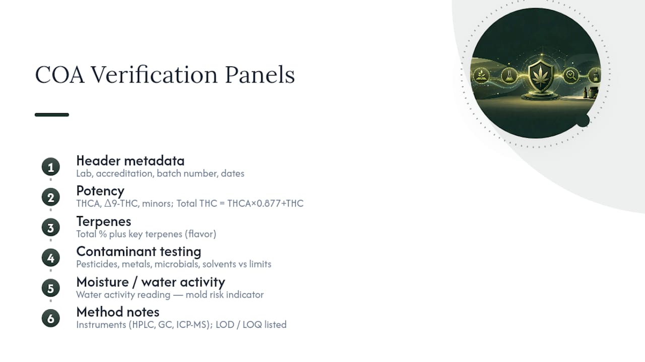 Cannabis COA panels and verification checks