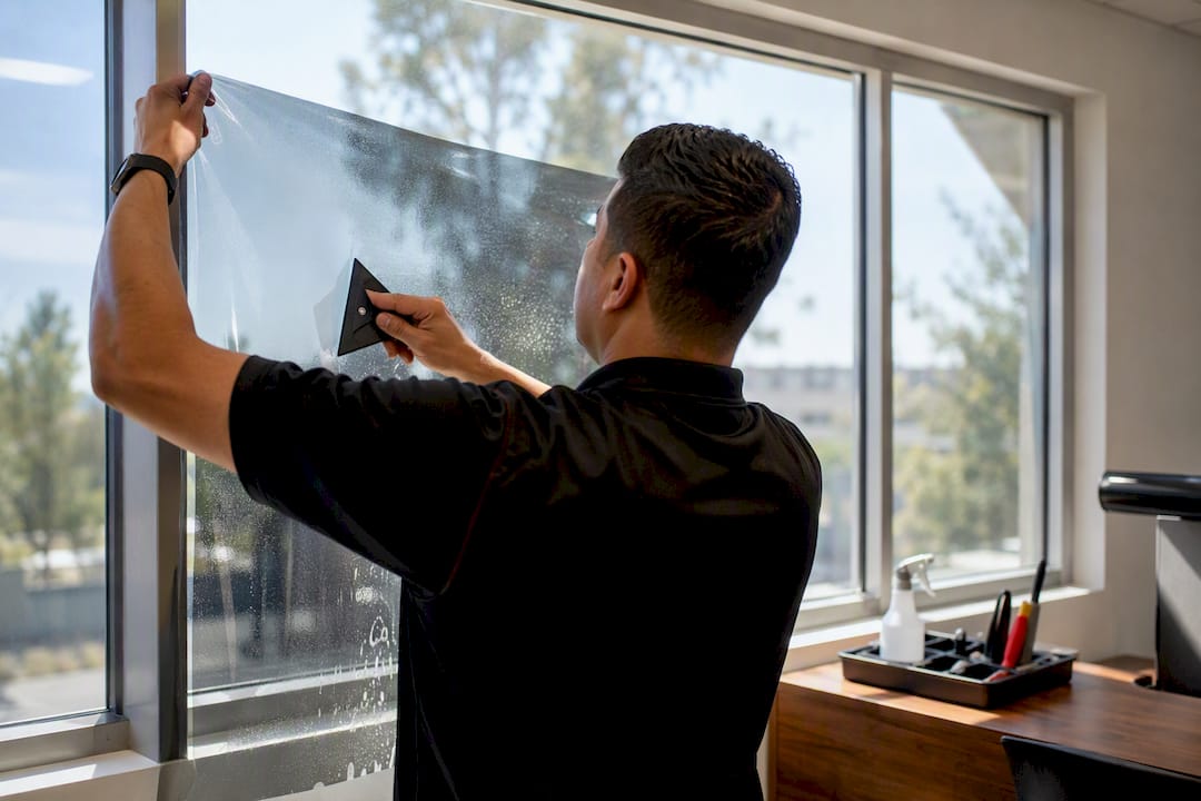 Installer aligning film on classroom glass