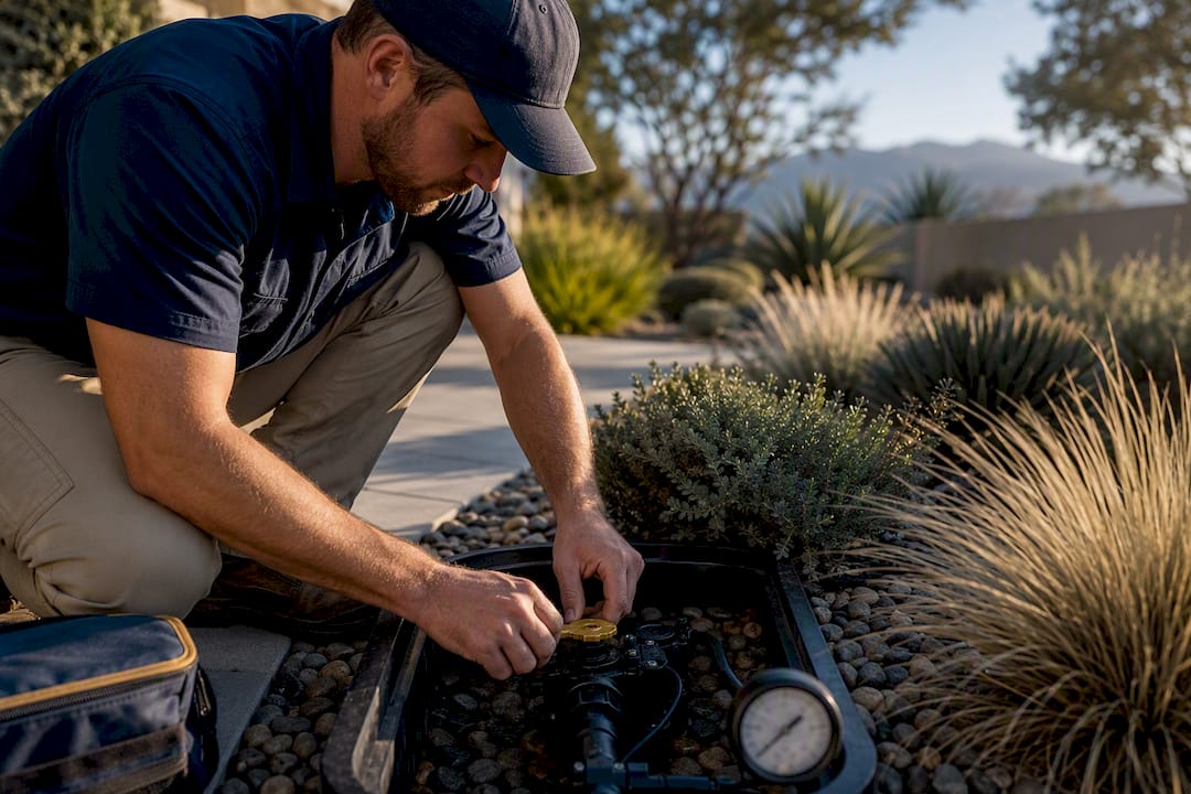 Technician tuning irrigation in drought tolerant yard