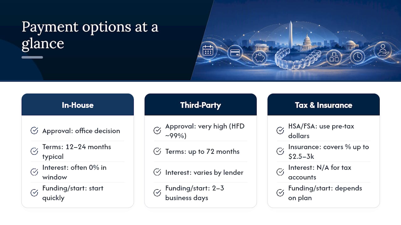 Payment Options Explained: In-House Plans, HFD, CareCredit, BNPL, and Insurance — overview diagram