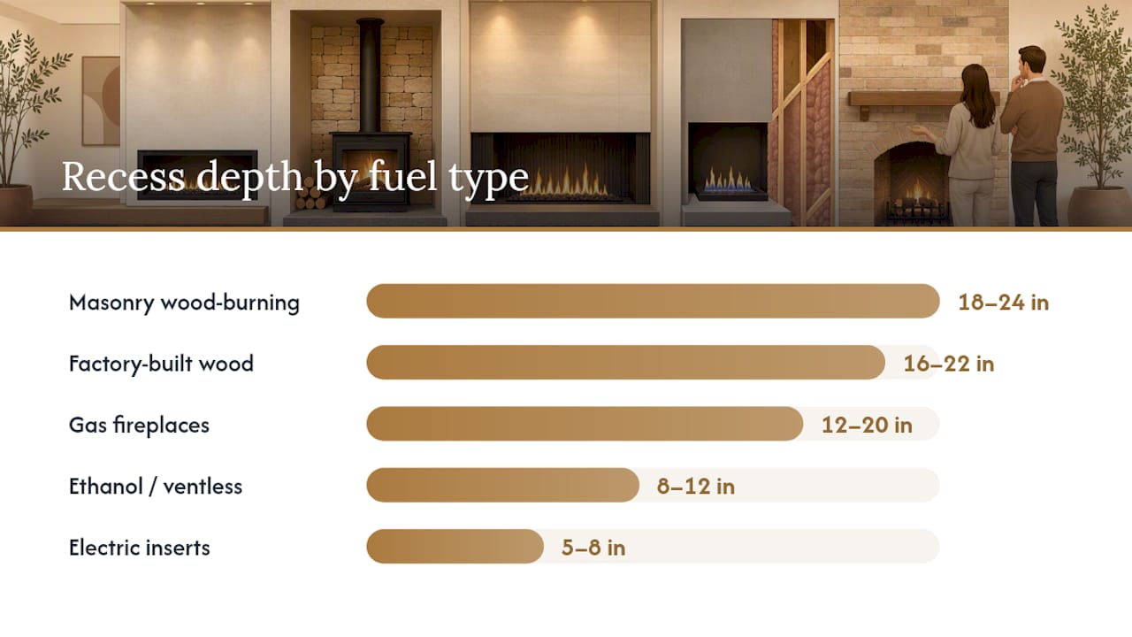 Fireplace recess depth ranges by fuel type