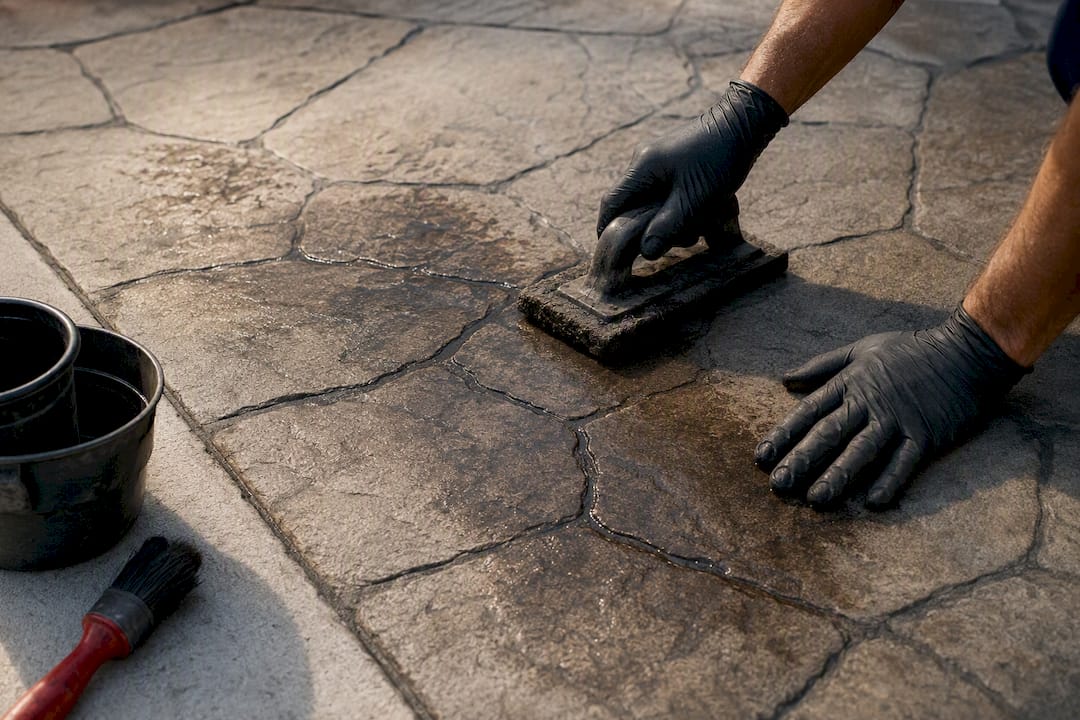 Antiquing color deepening stamped concrete texture