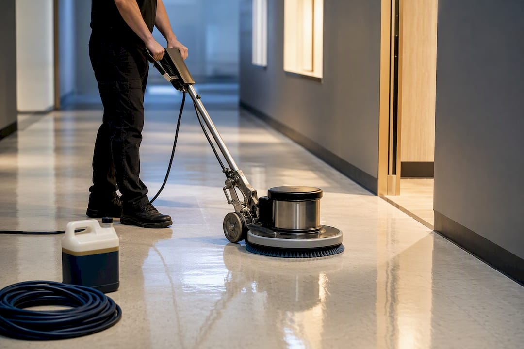 Technician refinishing a commercial VCT floor