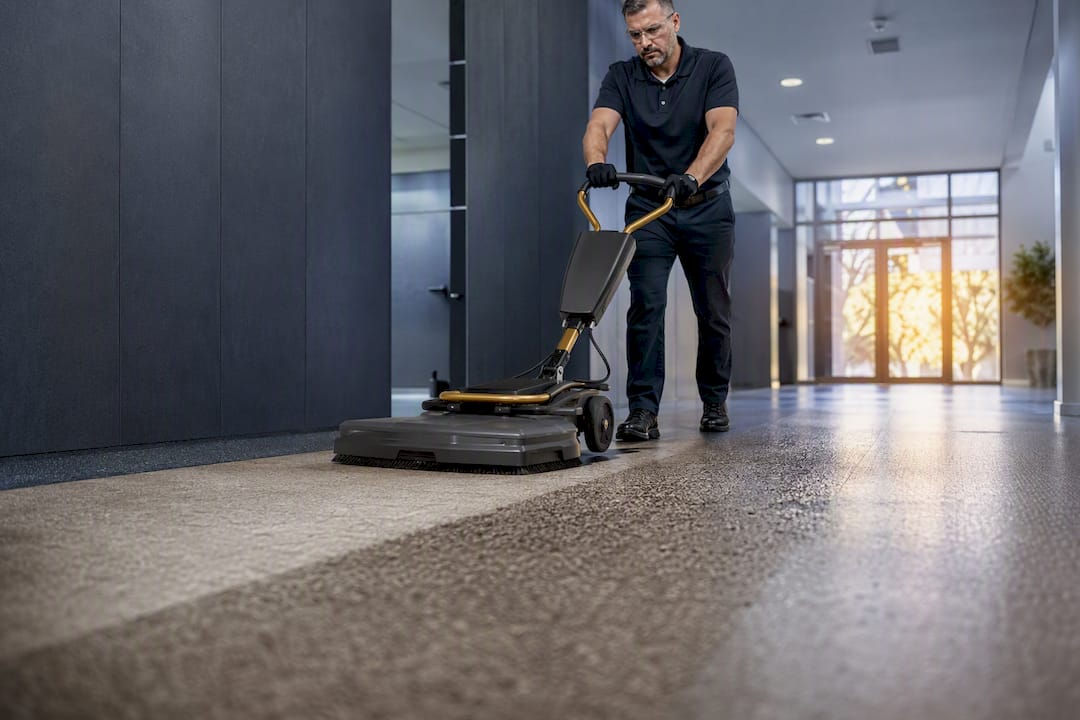 Technician cleaning slip-resistant commercial flooring