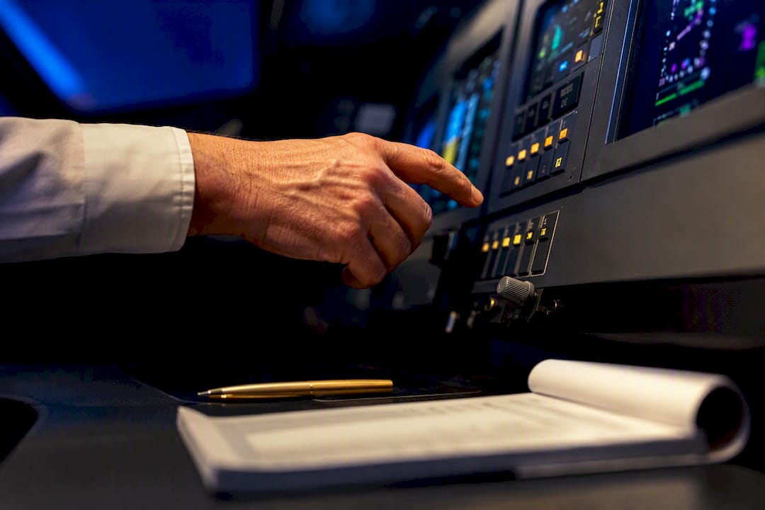 Pilot training simulator controls in dramatic light