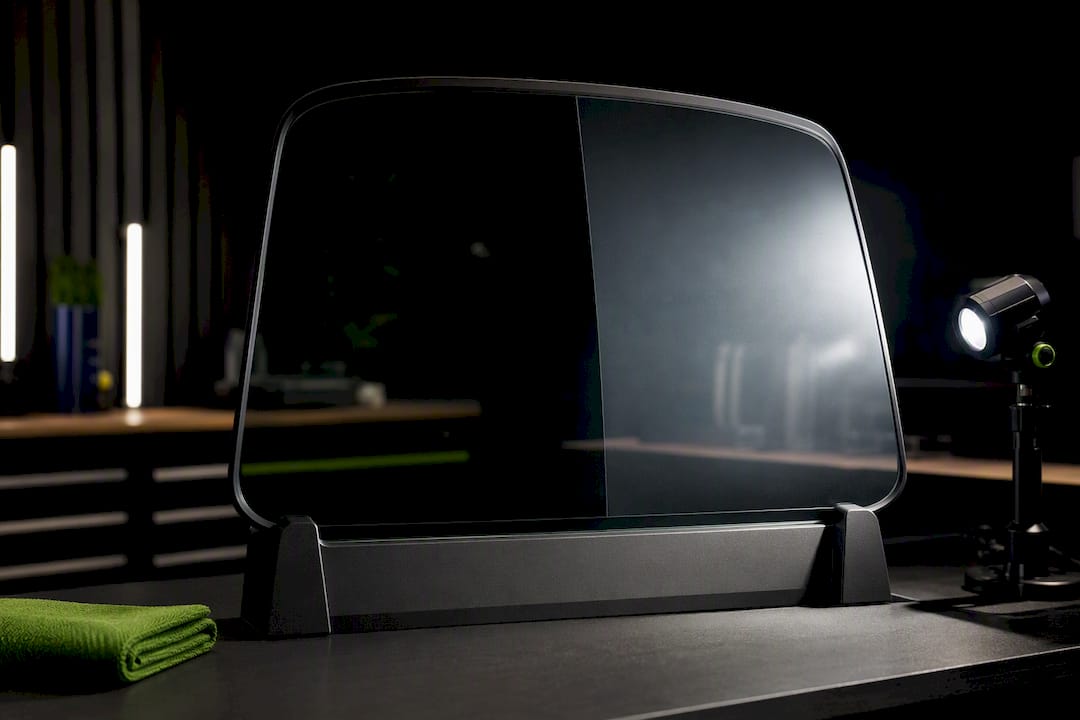Curved glass tint clarity demonstration panel