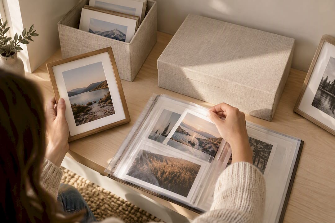 Hands organizing framed photo prints