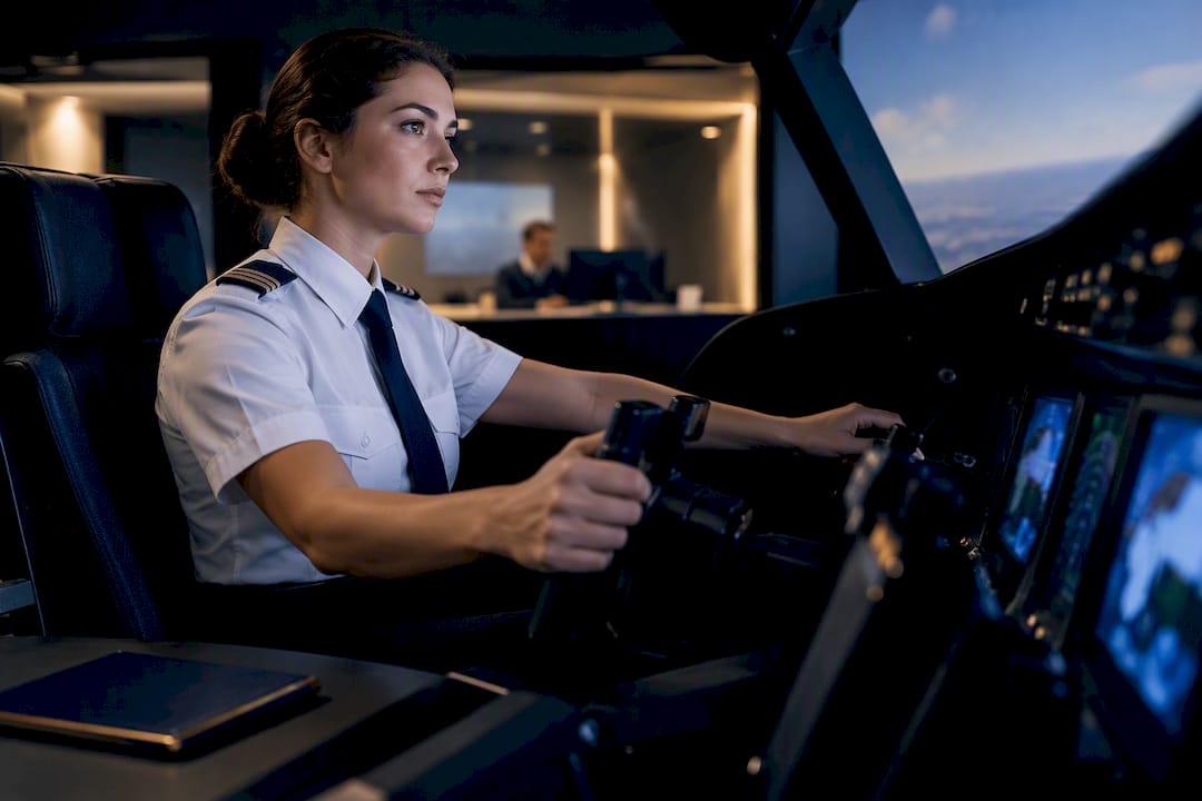 Pilot practicing procedures in a full-motion simulator