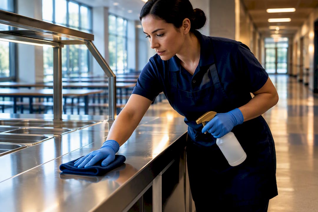 Facilities worker sanitizing a school cafeteria counter