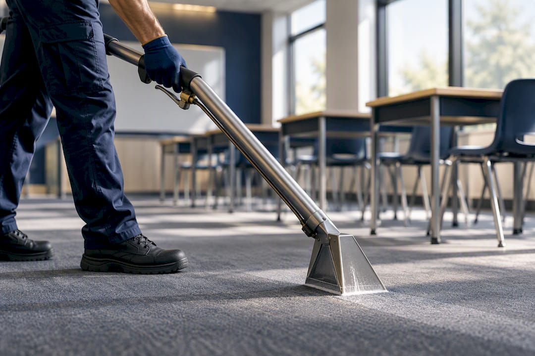 Technician extracting moisture from school carpet
