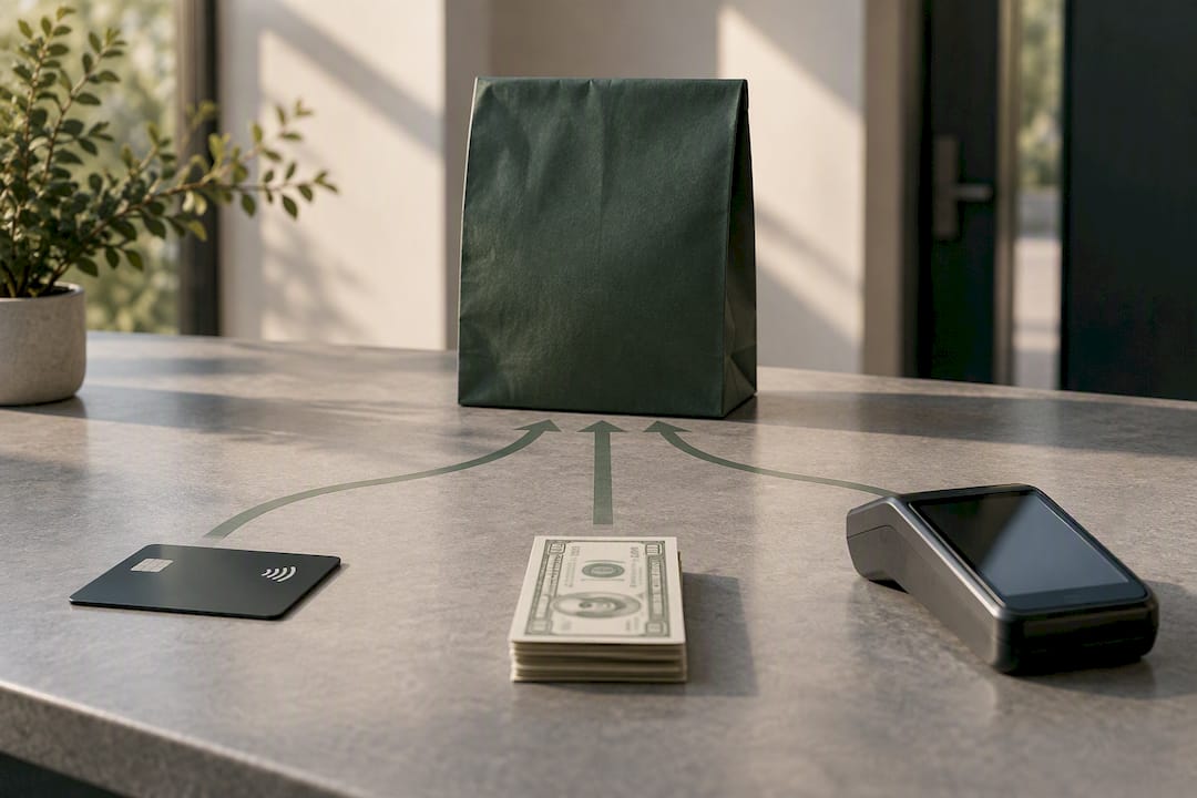 Illustration of delivery payment options converging