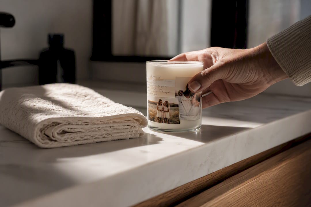 Close detail of personalized candle gift