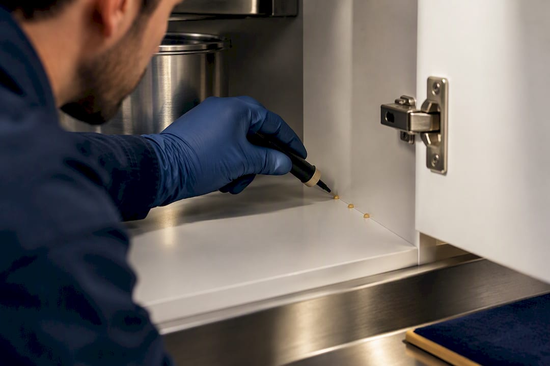 Technician placing gel bait in kitchen harborage
