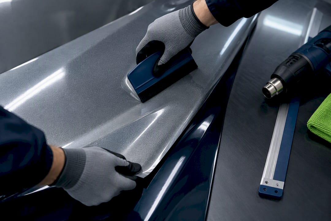 Installer applying reflective film to vehicle panel