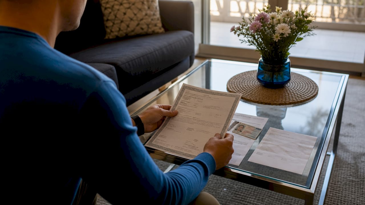 Hands holding car sale documents on table