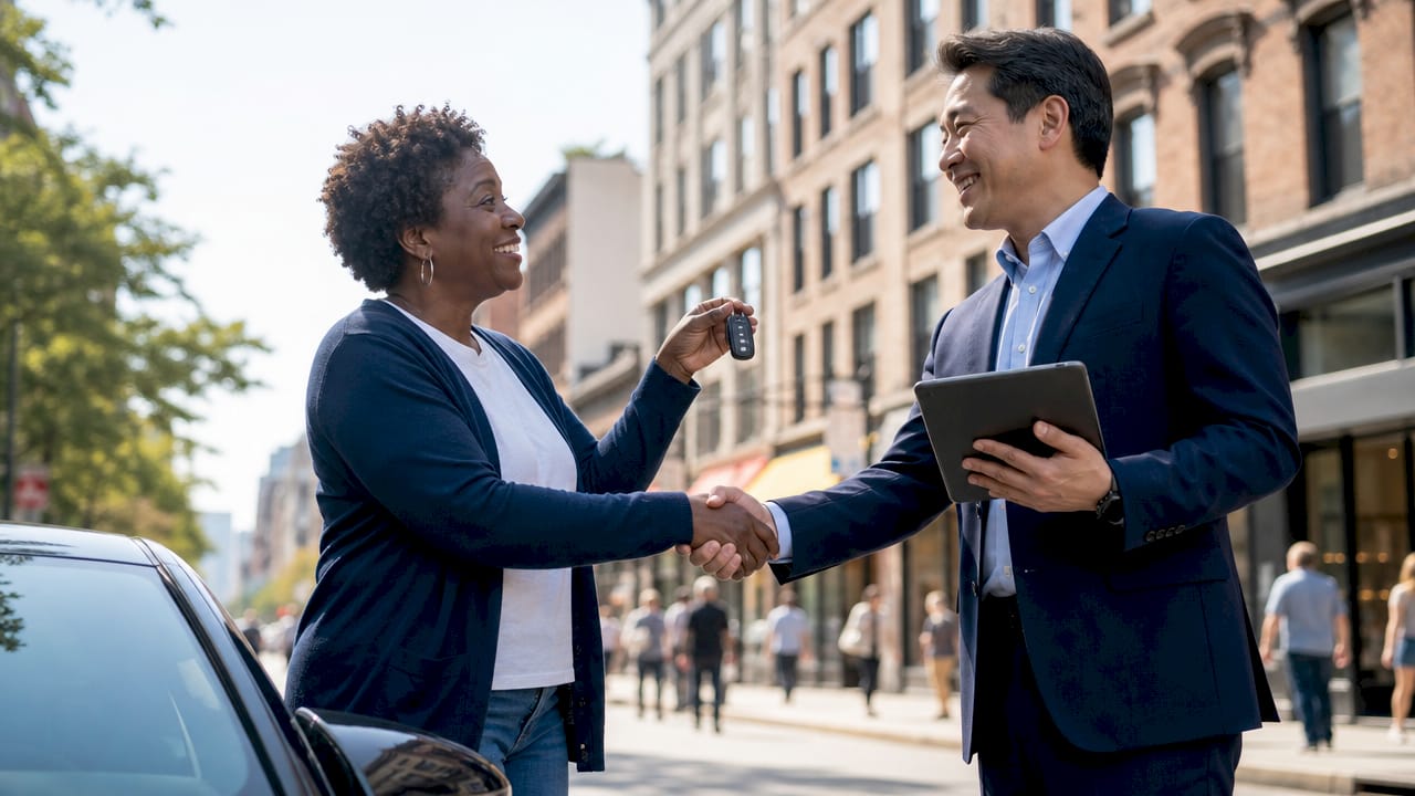 Woman handing car keys in sale deal
