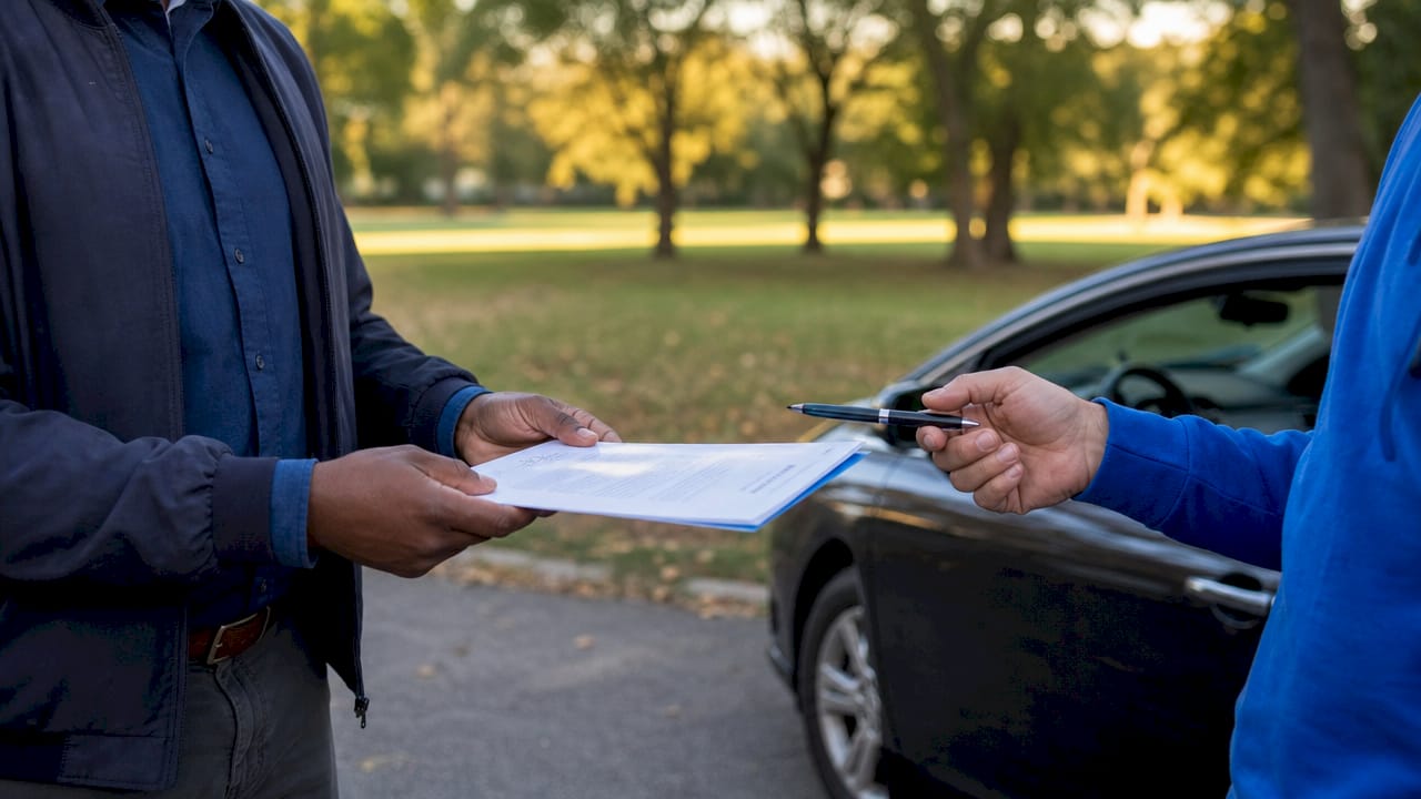 Close-up of hands exchanging signed car sale documents
