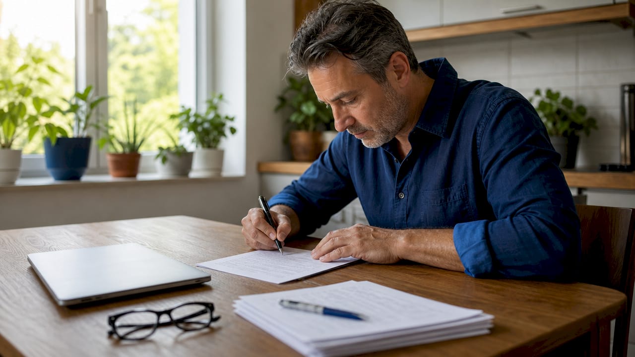 Man signing vehicle title documents at home desk