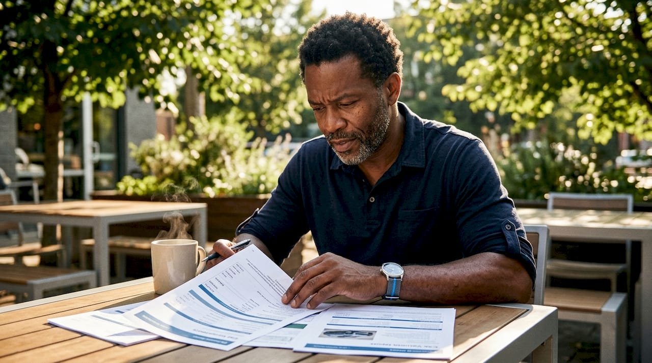 Man reviewing car valuation documents at desk