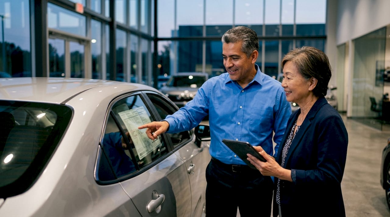 Dealer and woman discussing car trade-in indoors