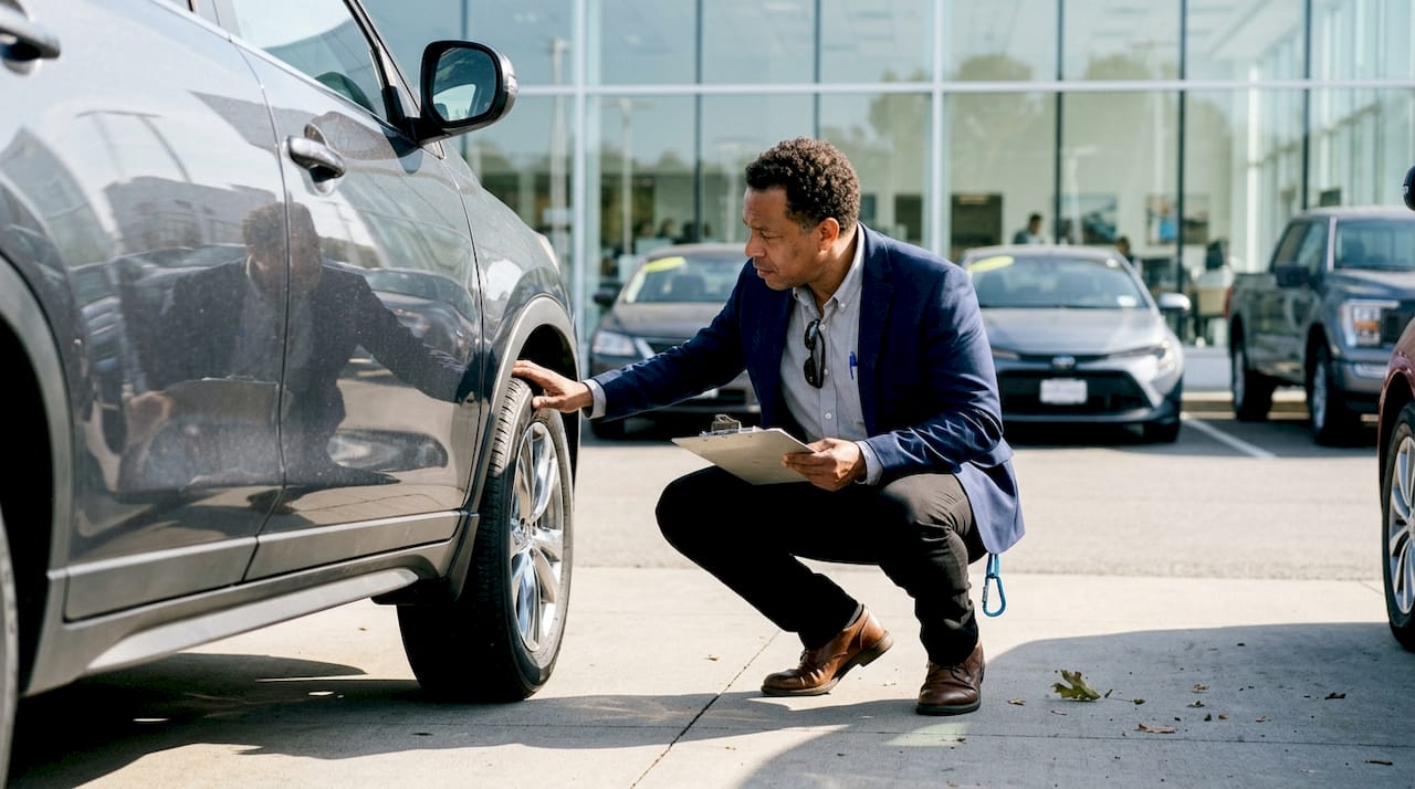 Dealer inspecting vehicle exterior on lot