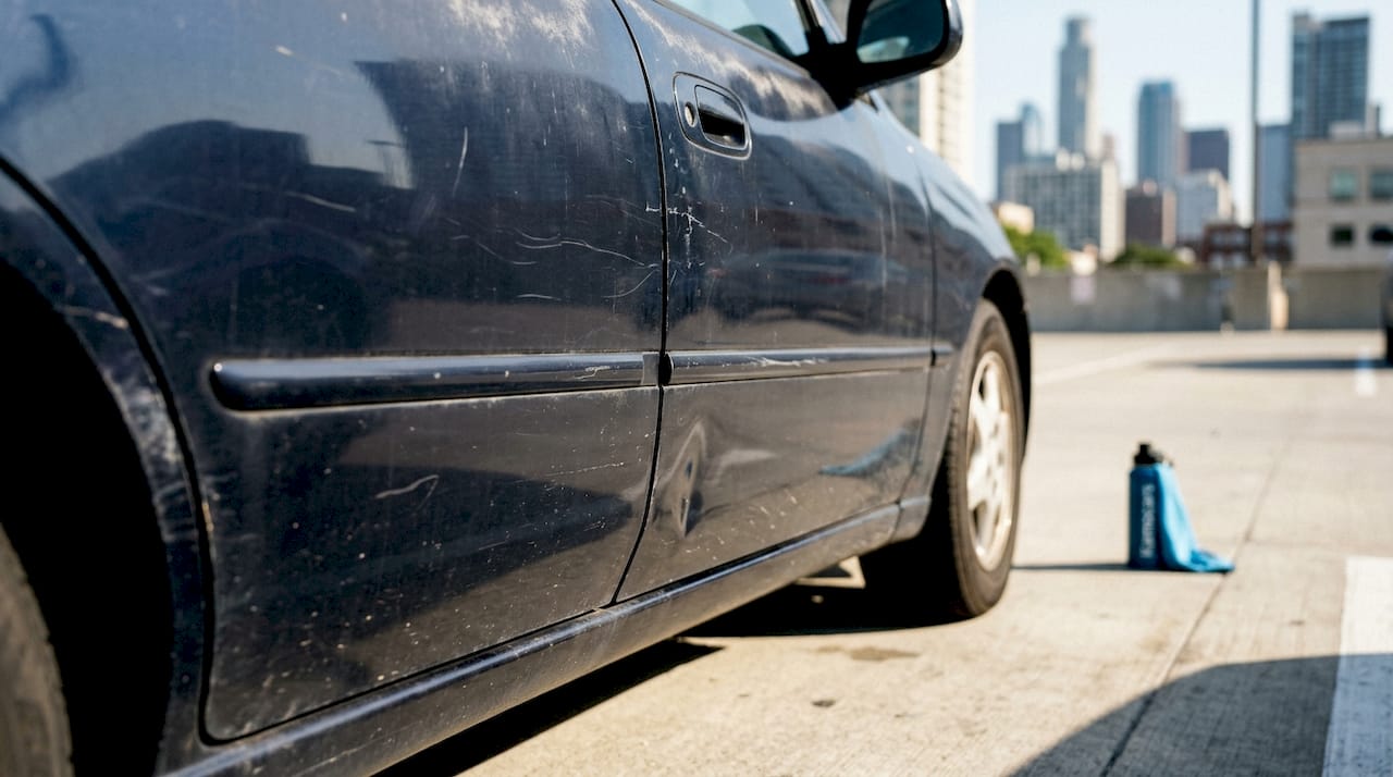 Close-up of car door with dents and chipped paint