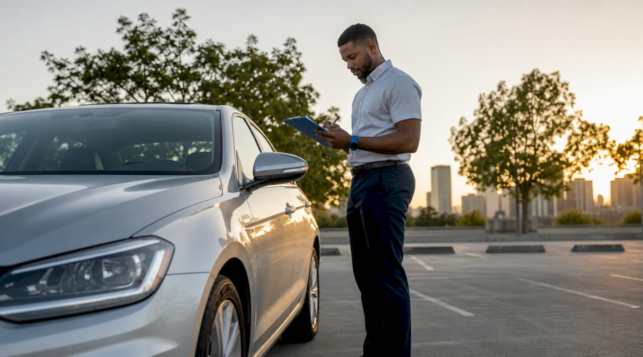Man inspecting car in vehicle logistics facility