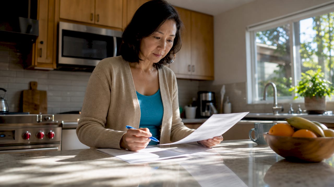 Woman reviewing car buying documents at home desk