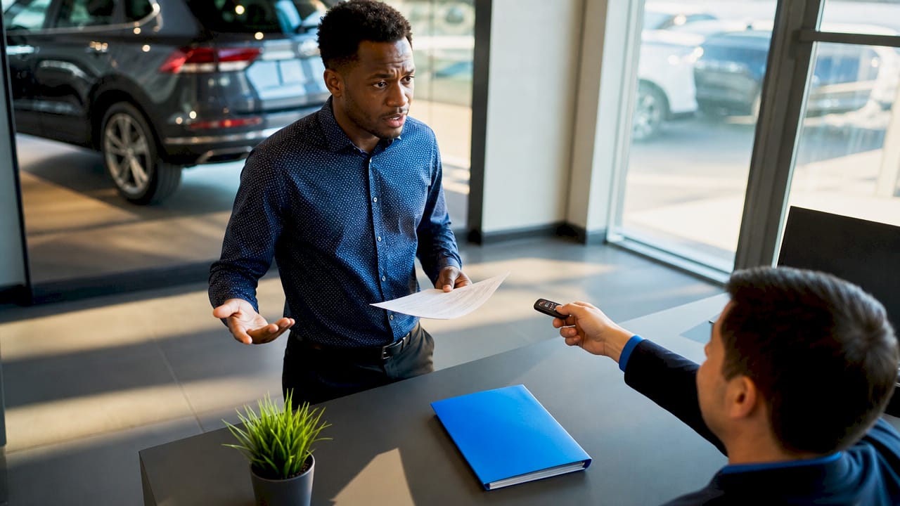 Man negotiating car sale at dealership desk