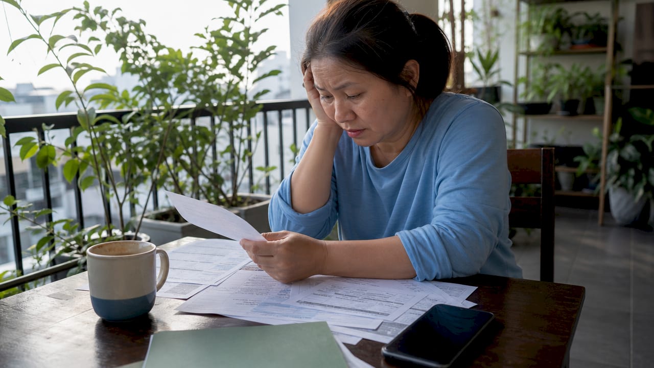 Woman reviewing car sale paperwork at home
