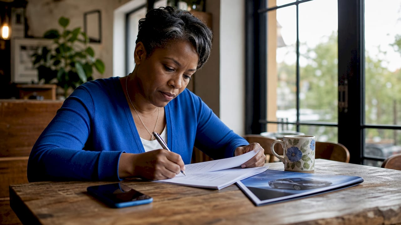 Woman reviewing car sale documents at home