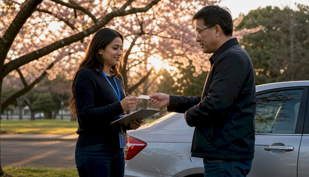 Buyer and seller verifying identity outdoors