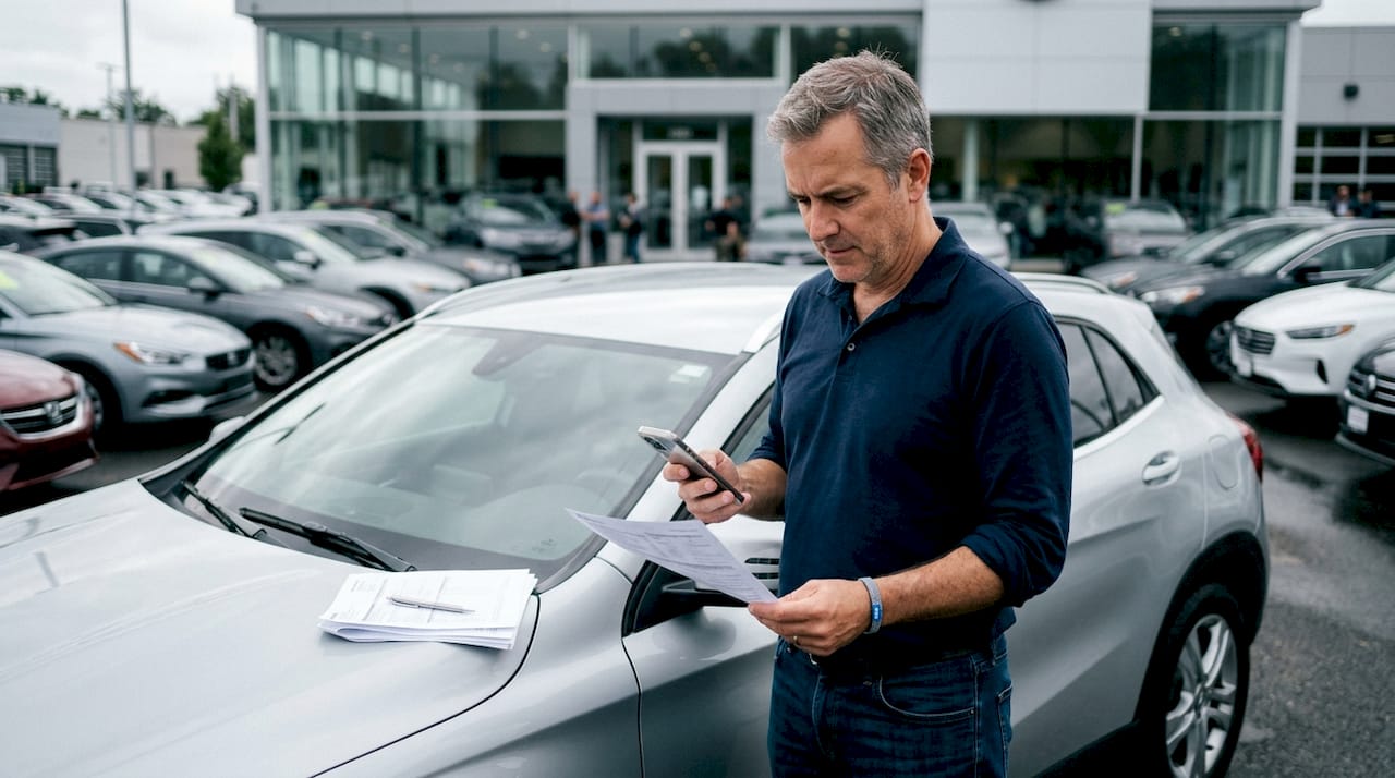 Man evaluating car cash offer at dealership lot