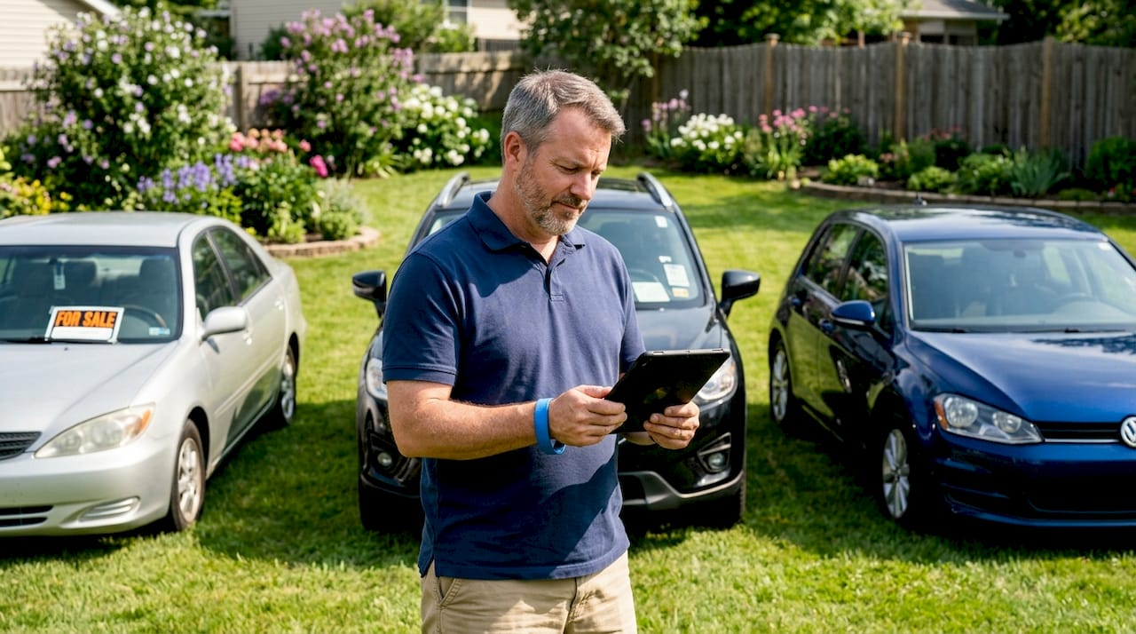 Man reviewing car selling options outdoors