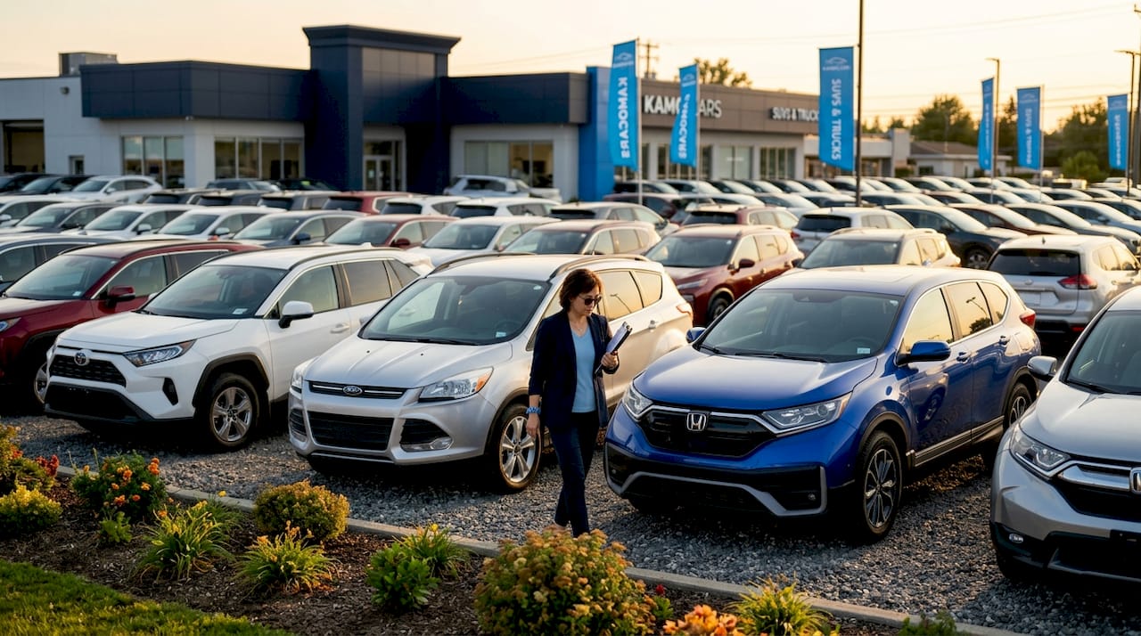 Dealer inspecting crowded car inventory lot outdoors